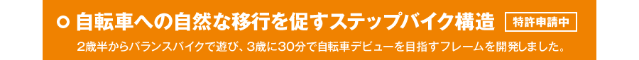 自転車への自然な移行を促すステップバイク構造 特許申請中 2歳半からバランスバイクで遊び、3歳に30分で自転車デビューを目指すフレームを開発しました。